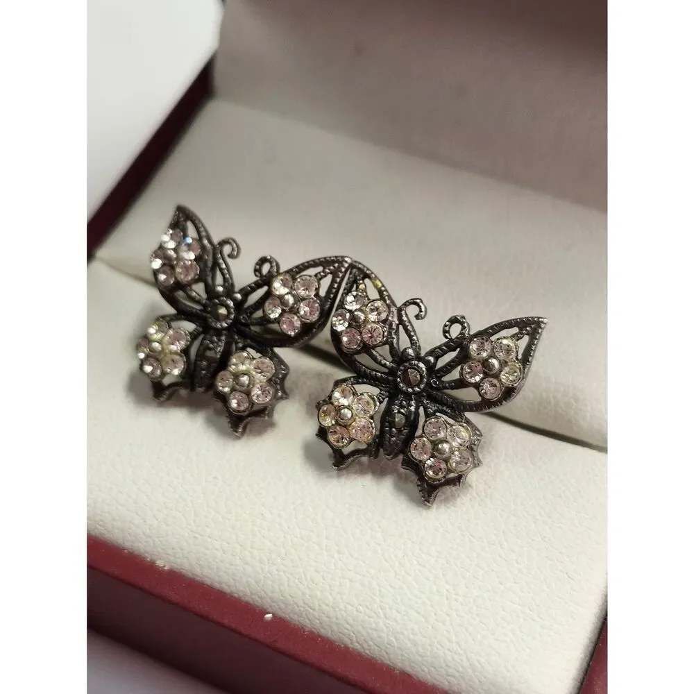 Vintage Sterling Silver Crystal Rhinestone Butterfly Earrings 925